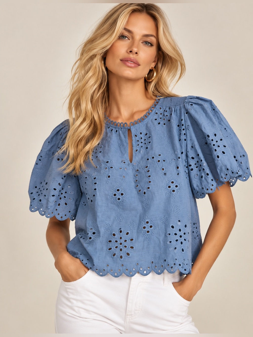Caroline Constas NWT Blue Eyelet Embroidered Puff Sleeve Blouse